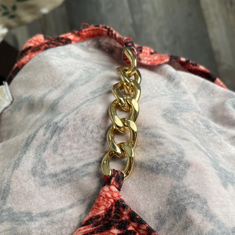 Michael Kors Red and Black Swirl Blouse with Gold Chains 3/4 sleeves